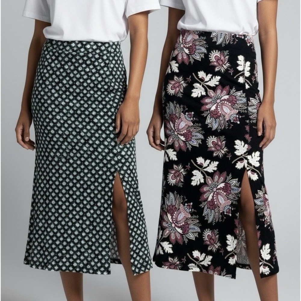 Set of 2 Loft Floral Midi Skirt Navy Pink Paisley‎ & Blue Elastic Waist Womens S